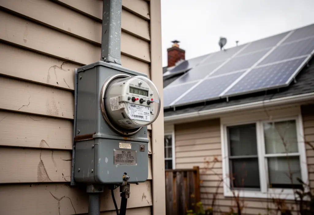 A residential electric meter mounted on the exterior wall of a New York house with solar panels on the roof behind