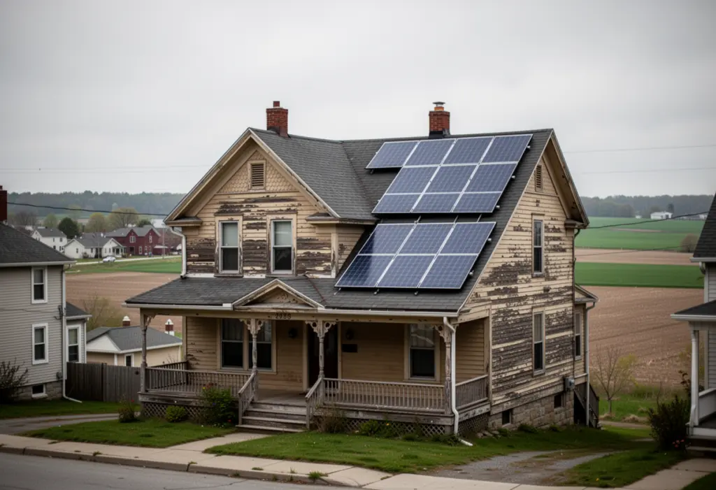 An early twentieth century wood frame house with solar panels on a rear roof plane in a small Western New York city