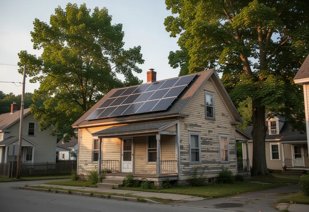 A small early twentieth century wood frame house in an upstate New York village with a compact solar array on a steep roof