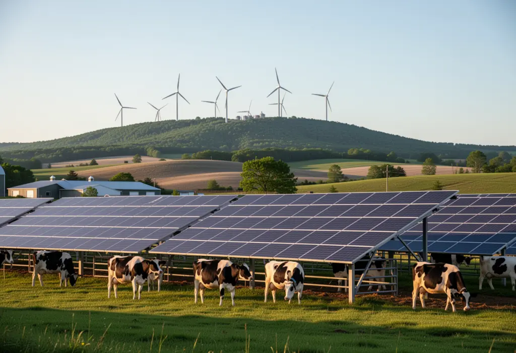 A dairy farm with a ground-mounted solar array and wind turbines on the ridge behind, rolling farmland in western New York