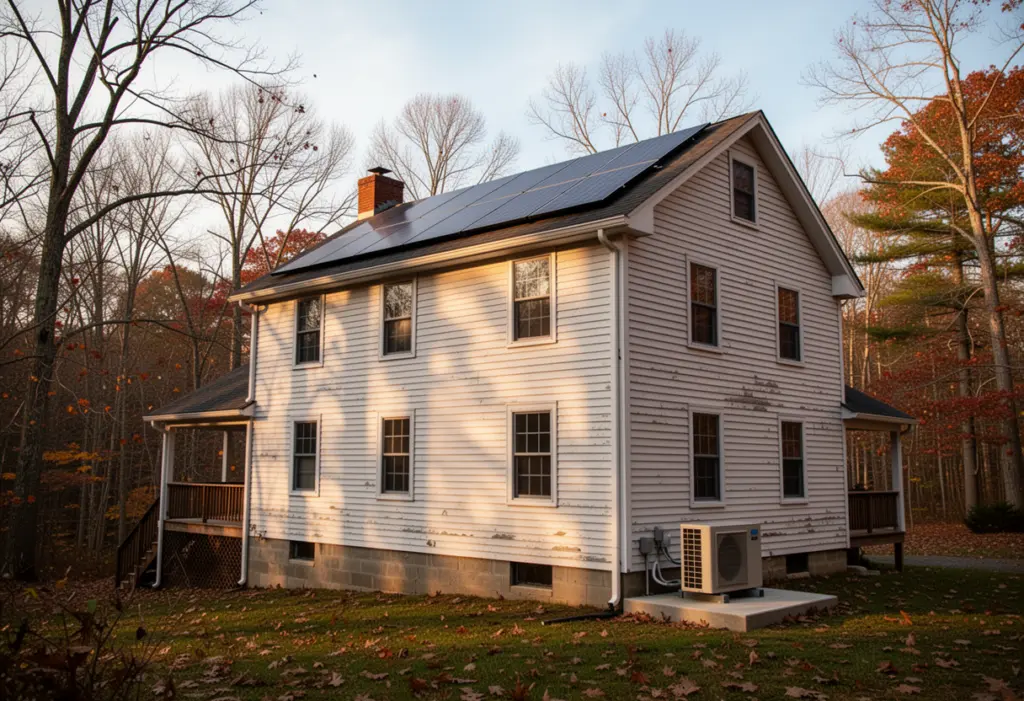A two storey clapboard house in the Hudson Valley with rooftop solar panels and an air source heat pump unit on a concrete pad beside the foundation