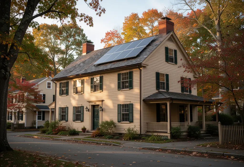 A nineteenth century clapboard house with a slate roof on a tree lined street in Rhinebeck, New York, a rooftop solar array on a rear roof plane