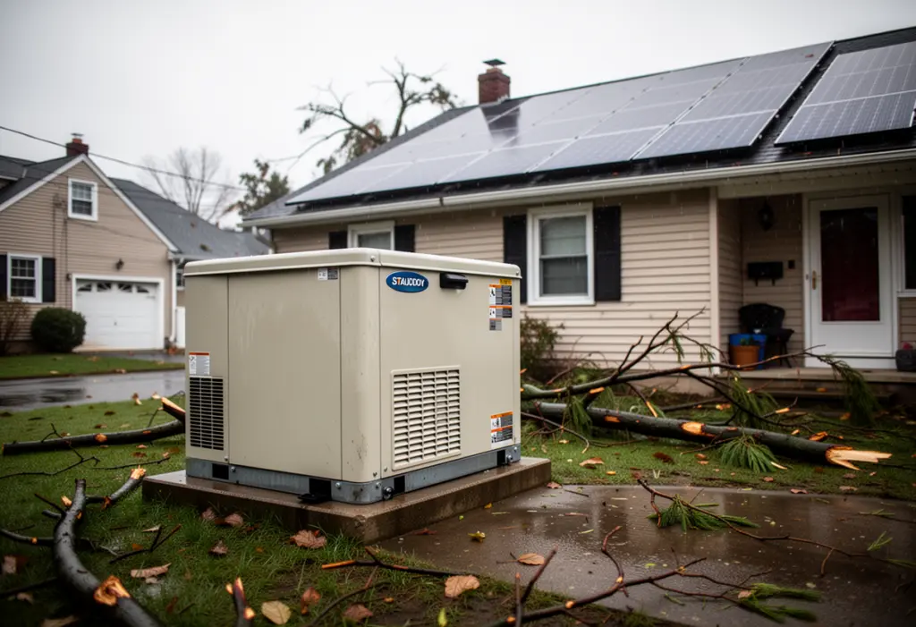 A standby generator enclosure beside a house with rooftop solar panels in a New York suburb after a storm, wet grass and fallen branches