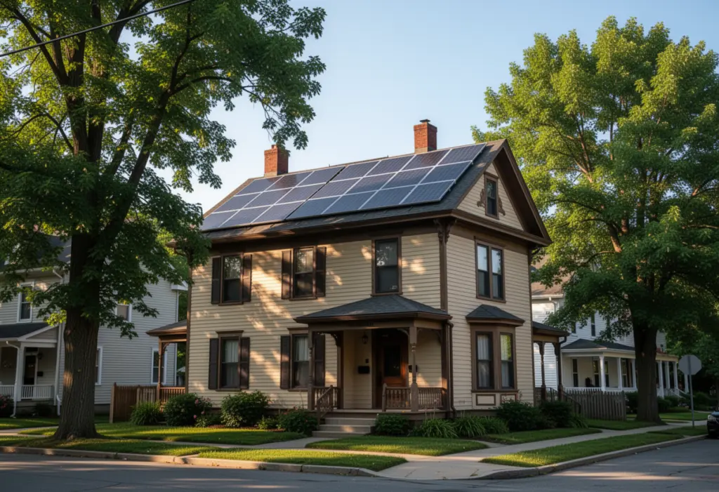 Solar panels on the roof of an early twentieth century wood-frame house in Schenectady New York, mature street trees
