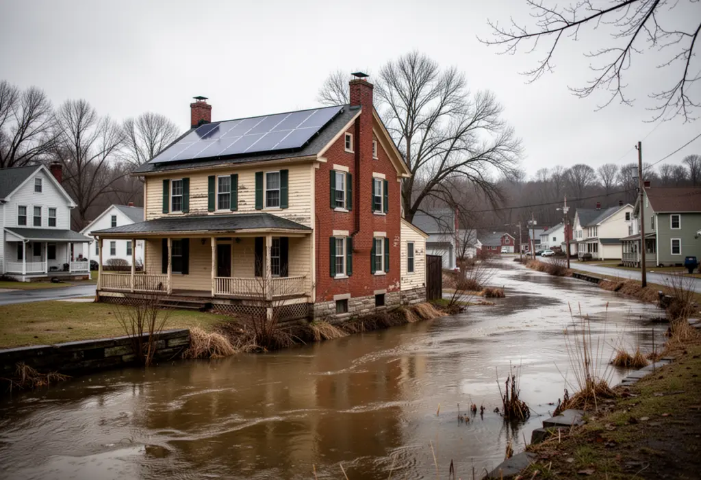 A nineteenth century brick and clapboard house with rooftop solar panels beside a wide creek running through a small western New York village