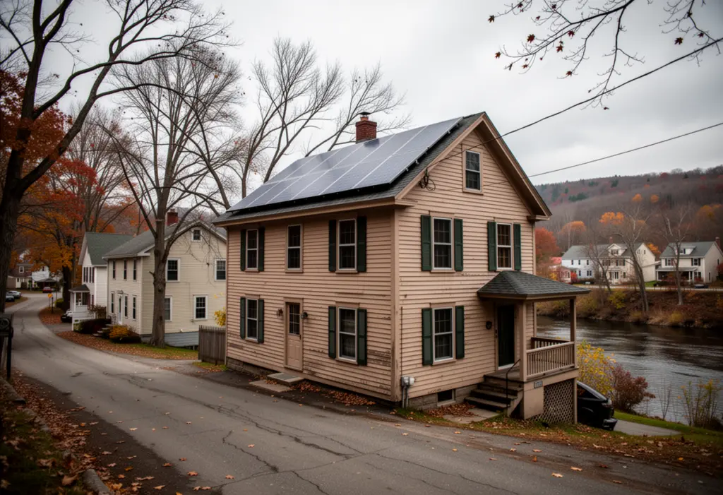 A two storey clapboard house with a rooftop solar array on a village street beside a river in central New York, bare maples