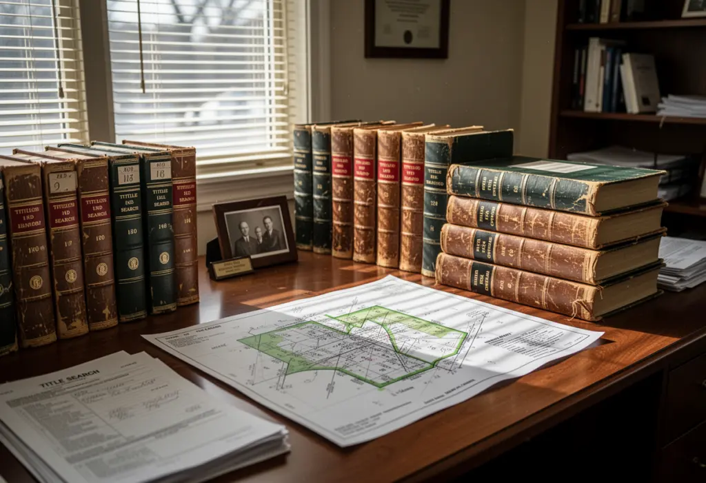 A title search desk with bound land record volumes and a survey map in a Long Island office