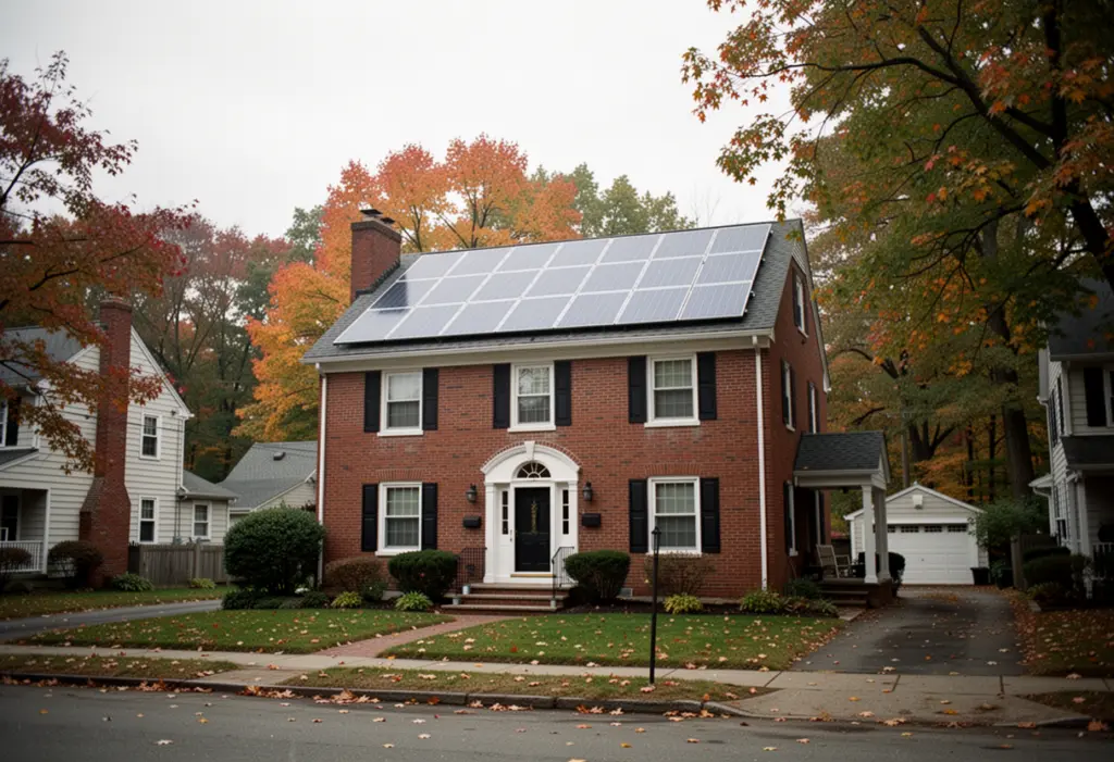 Solar panels on the roof of a brick colonial house on a tree-lined suburban street in Rochester New York, early autumn
