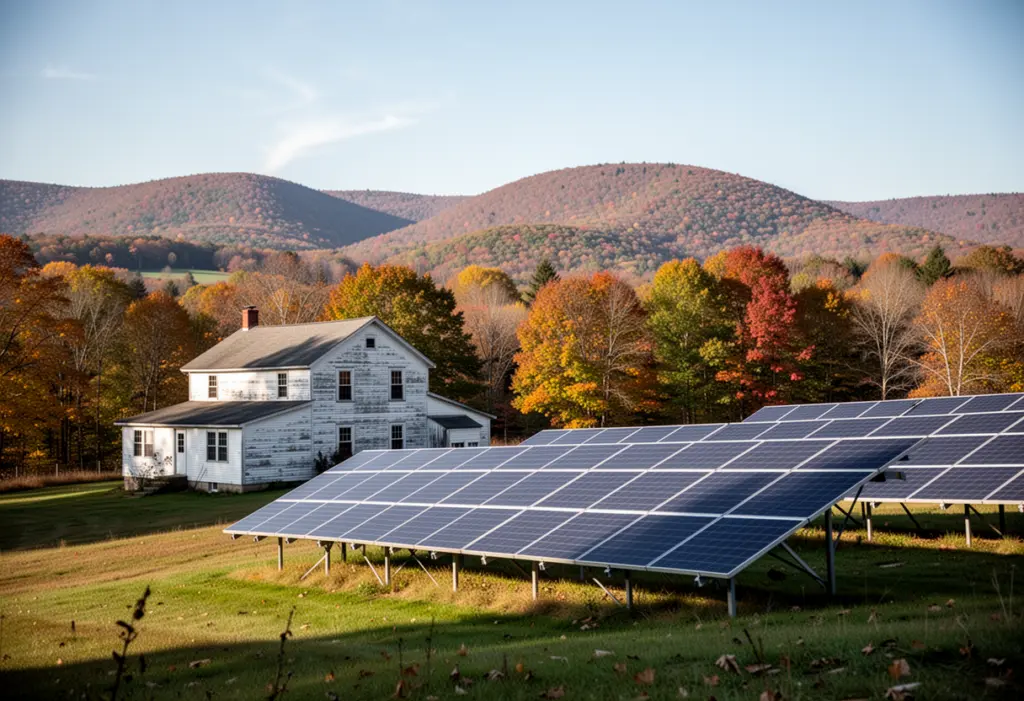 A farmhouse with a ground-mounted solar array on a hillside in rural Chenango County New York, wooded ridges behind
