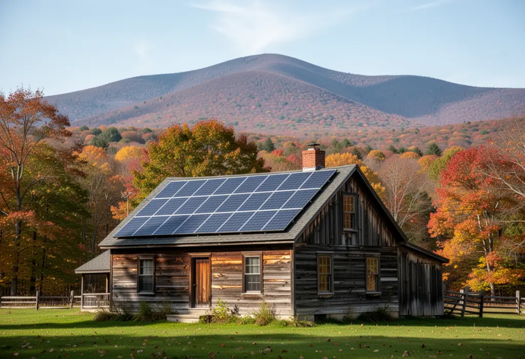 A wood-frame farmhouse with rooftop solar panels below the Catskill mountains in Ulster County New York