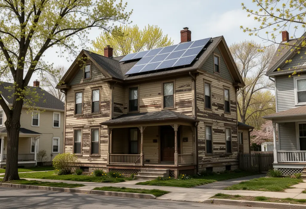 An early twentieth century wood-frame house with rooftop solar panels on a tree-lined street in Schenectady New York