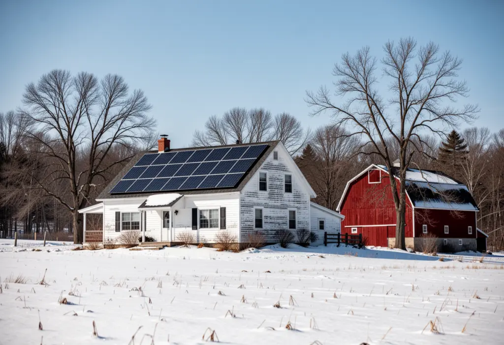 A farmhouse with rooftop solar panels beside snow-covered fields in central New York, a red barn and bare trees