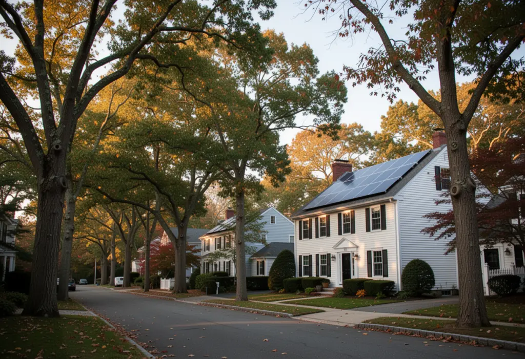 A North Shore Long Island suburban street with mature trees and a colonial house carrying rooftop solar panels