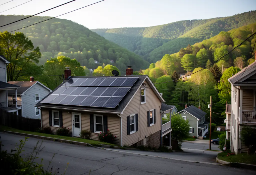 A house with rooftop solar panels on a steep hillside street in Oneonta New York, wooded valley slopes behind