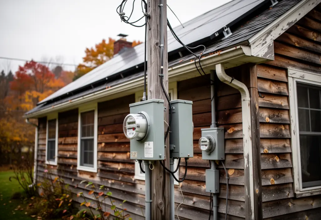 A residential electricity meter and service mast on the side of a wood clapboard house in the Southern Tier of New York