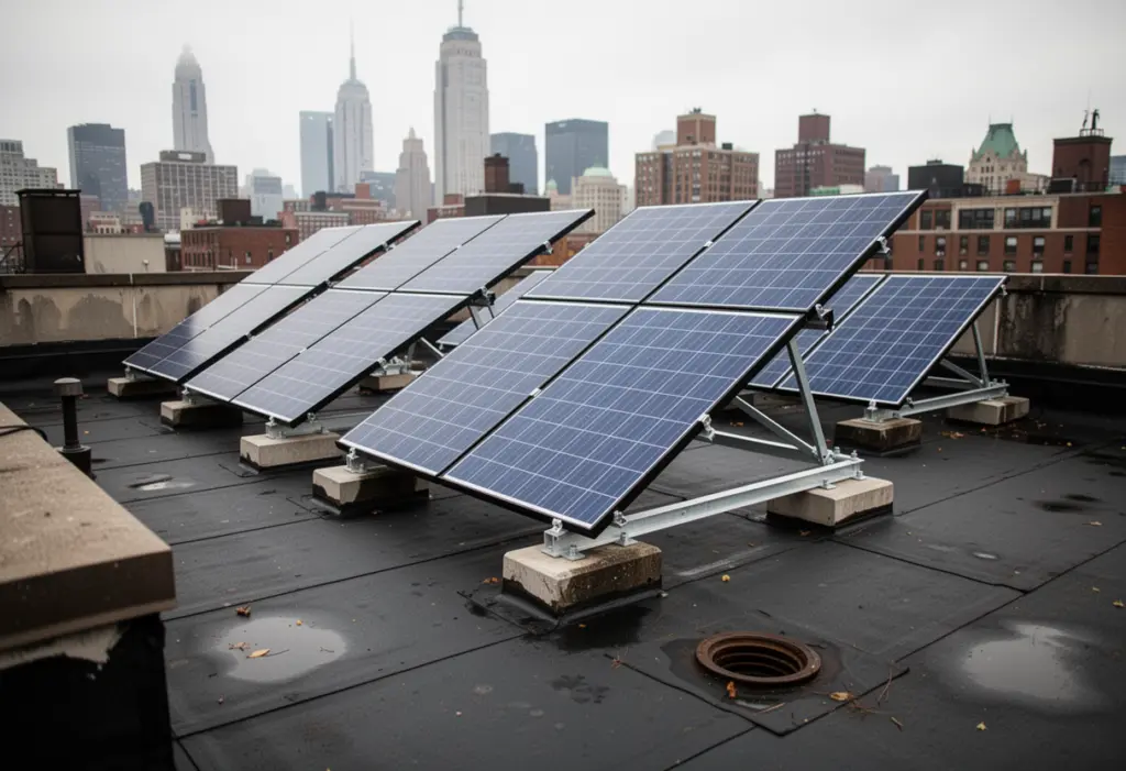 Tilted solar panels on ballasted racking on a flat rubber membrane roof of a New York building, parapet and roof drain visible