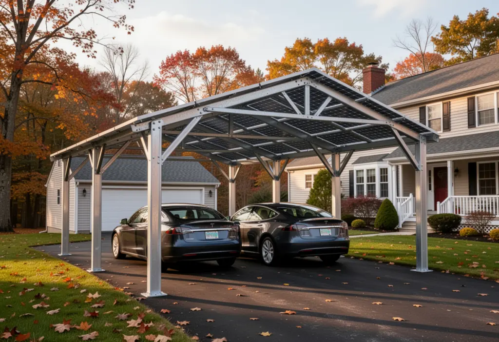 A steel solar carport structure covering two parked cars on a driveway beside a suburban house in upstate New York
