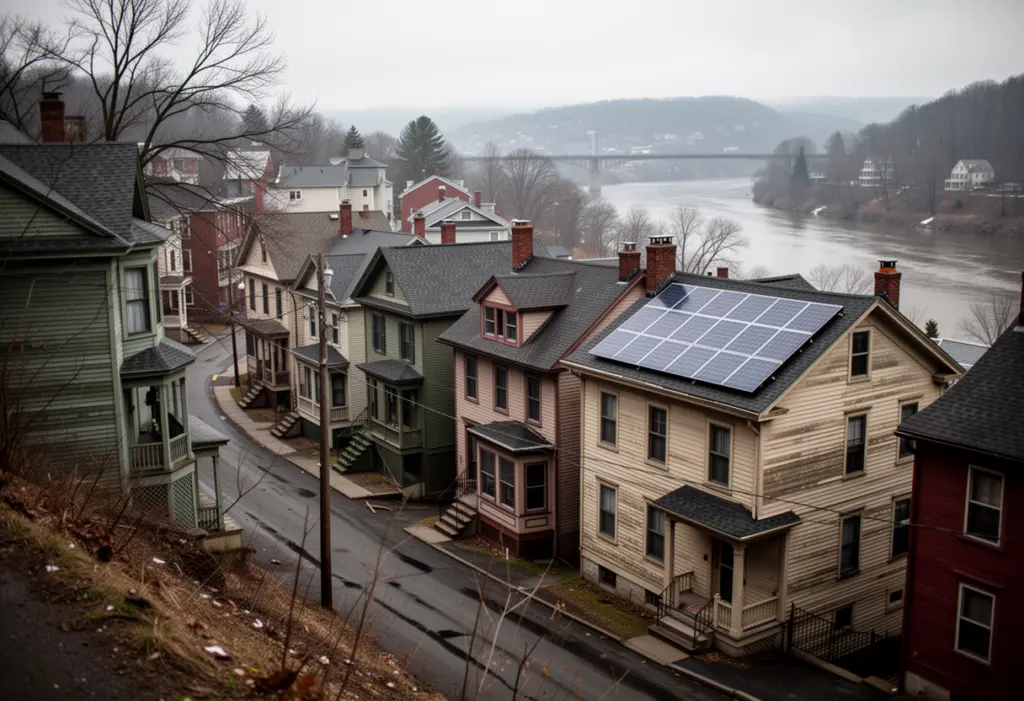A dense street of tall wood frame mill era houses on a steep slope above the Mohawk River in New York, rooftop solar panels on one of them