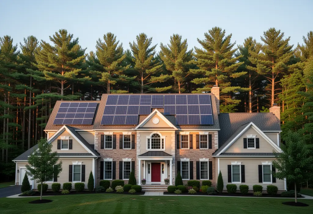 A large colonial style suburban house with a wide rooftop solar array in a Capital Region New York subdivision, mature pines behind