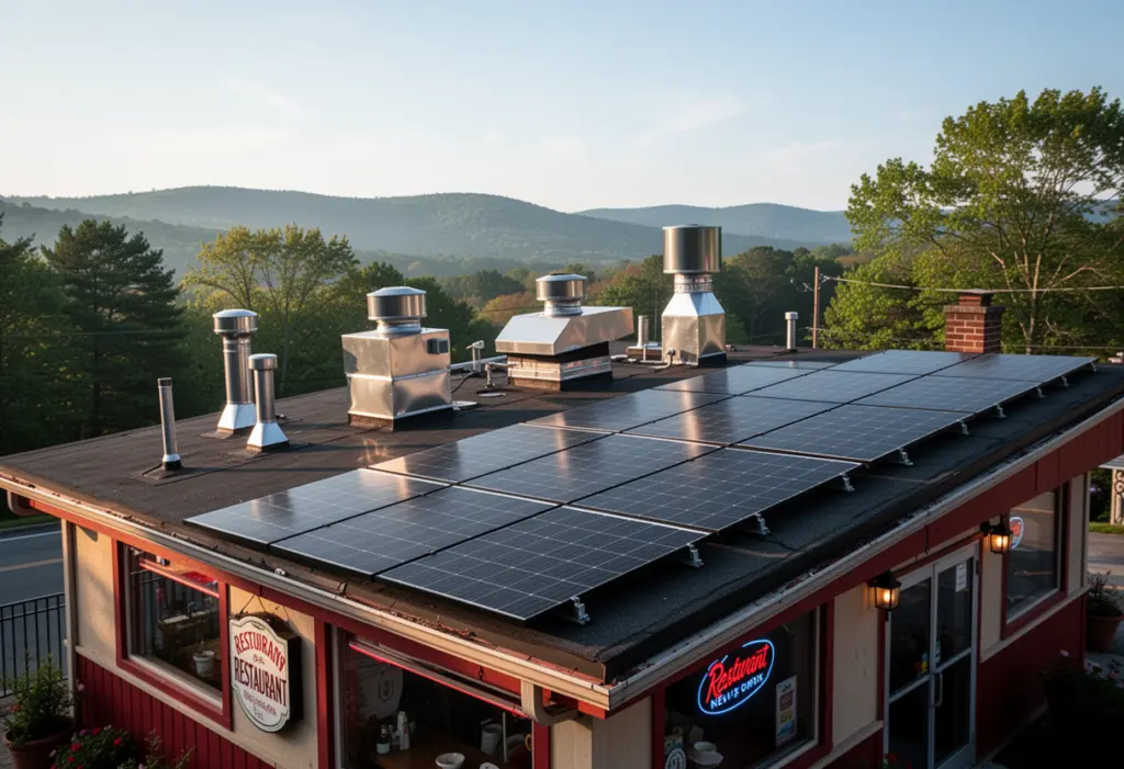 The flat roof of a small restaurant building with kitchen exhaust units and a solar array in the Hudson Valley New York