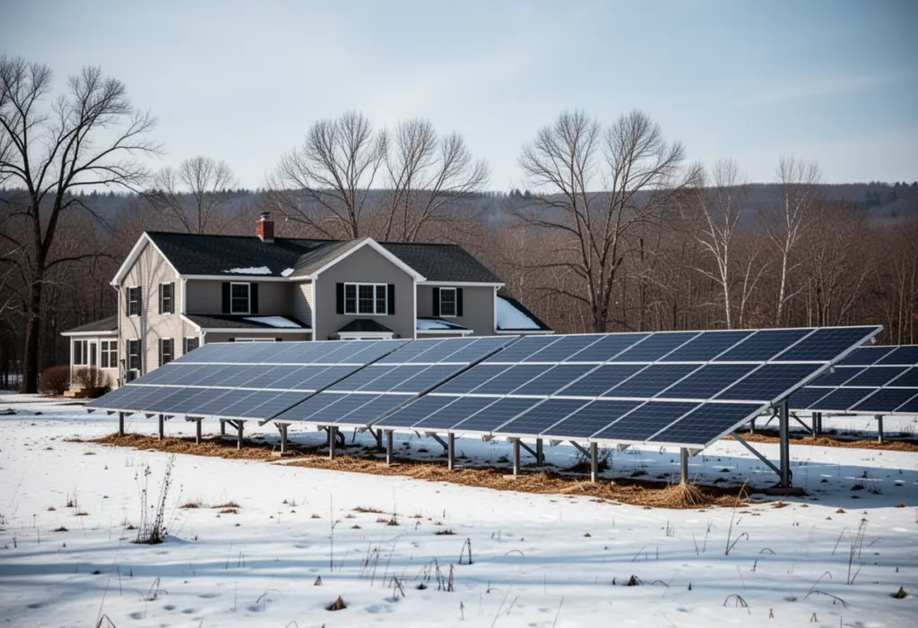 A house with a ground-mounted solar array on an open snowy lot in the Mohawk Valley of upstate New York, bare winter trees