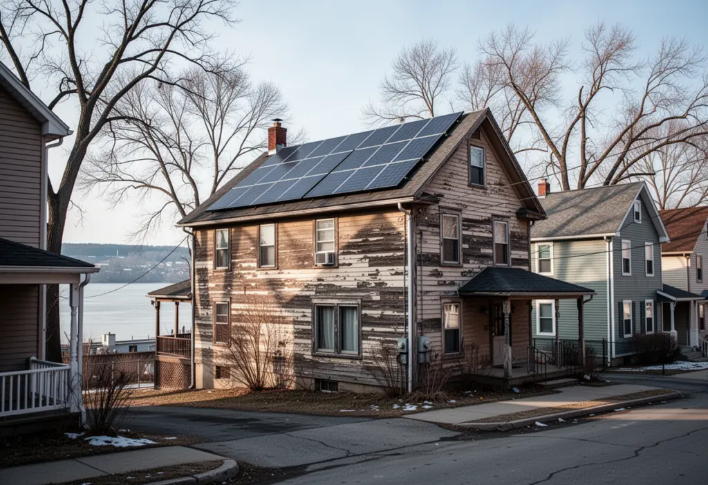 A 1940s wood-frame house with rooftop solar panels on a tight residential street near the Niagara River in western New York