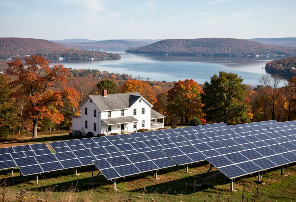 A farmhouse with a ground-mounted solar array on a hillside above Cayuga Lake in Tompkins County New York