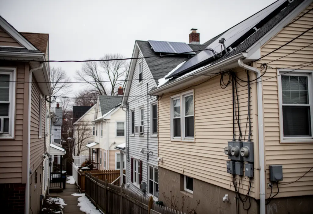 Densely built two family houses on narrow lots in Spring Valley, New York, a small rooftop solar array and utility meters on a side wall