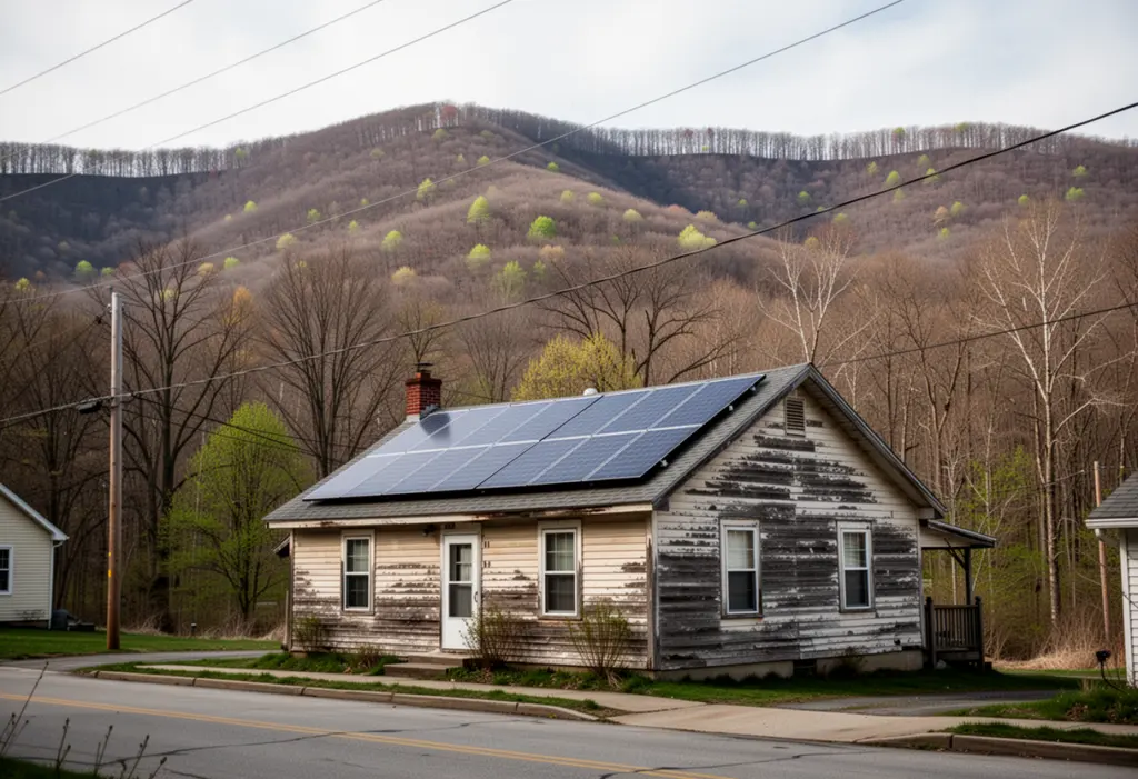 A modest wood frame house with rooftop solar panels on a street beneath forested Allegany hills in southwestern New York