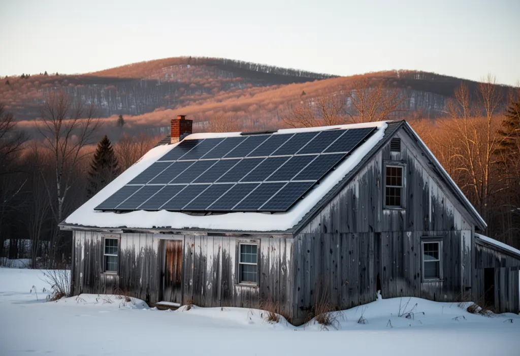 A snow covered farmhouse roof with solar modules in the North Country of New York, low winter sun, bare hills behind