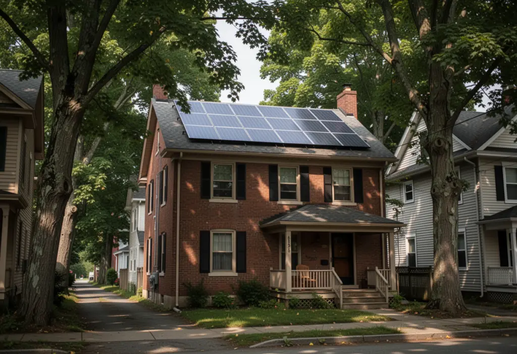 A 1930s brick house with rooftop solar panels on a narrow tree lined street in Monroe County New York, mature maples overhead