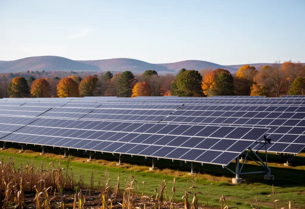 A large ground-mounted solar array in farmland outside Rochester New York, low hills and a treeline behind, clear autumn morning