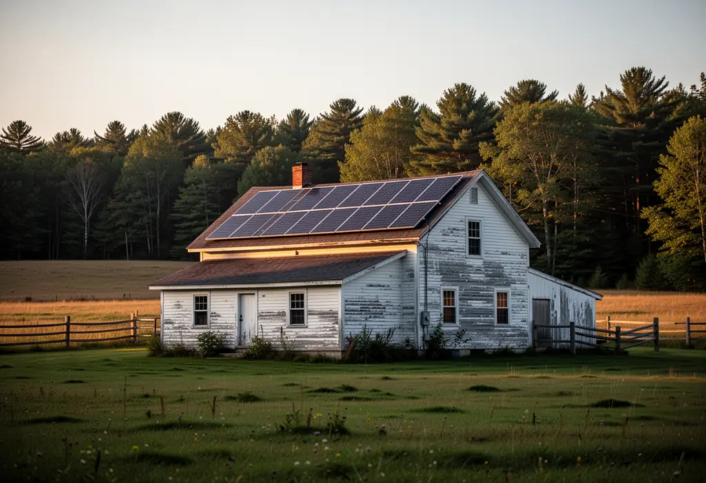 A rural upstate New York farmhouse with rooftop solar panels, open fields and a treeline behind
