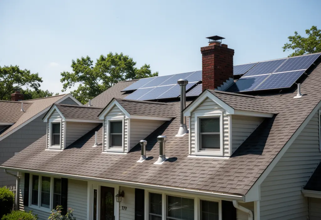 Documentary photograph looking down at a suburban Long Island house roof with dormers, plumbing vents and a chimney partially occupied by solar panels