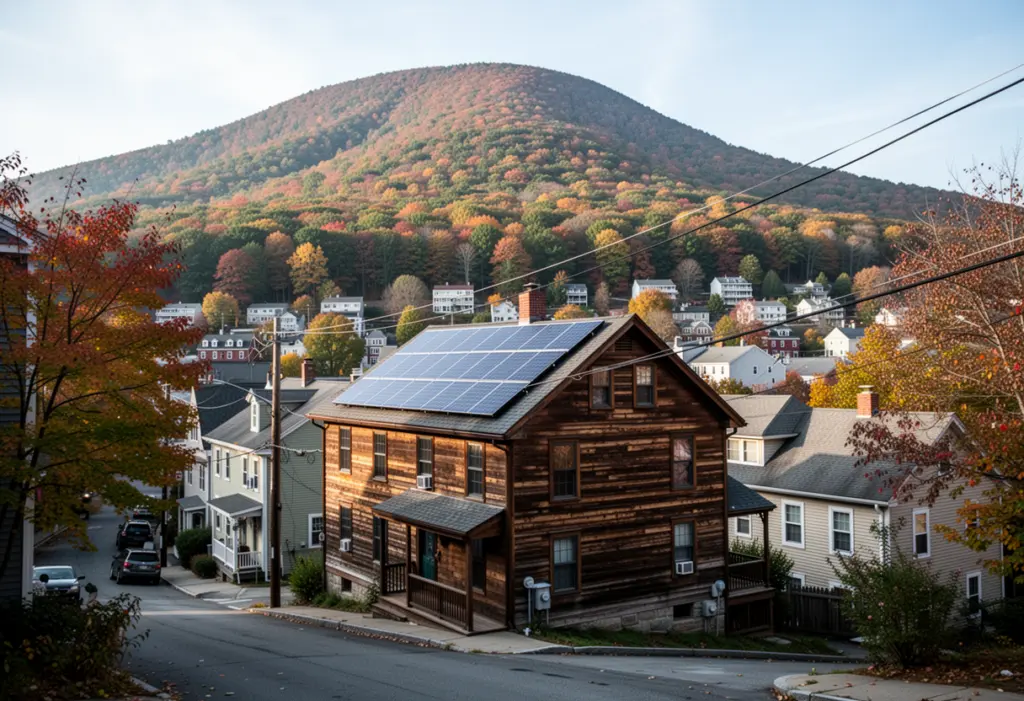 A wood-frame house with rooftop solar panels on a steep street in Beacon New York, wooded mountain rising behind the town