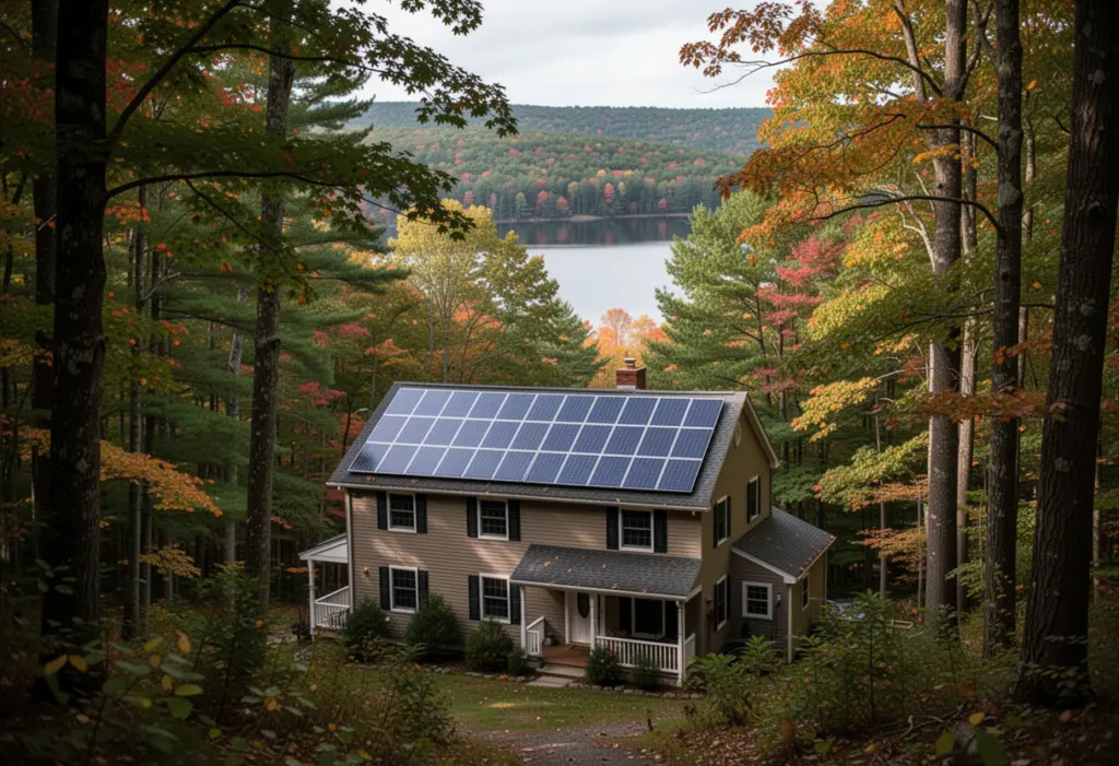 A house with rooftop solar panels among dense mature woodland in Putnam County New York, a reservoir visible through the trees