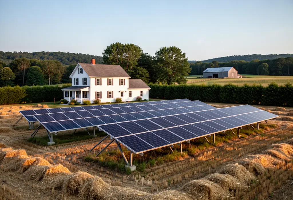 A farmhouse with a ground mounted solar array in a hayfield in Orange County New York, hedgerows and a distant barn