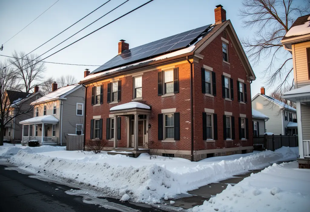 A nineteenth century brick house with rooftop solar panels on a residential street in Watertown New York, deep snow banks along the sidewalk