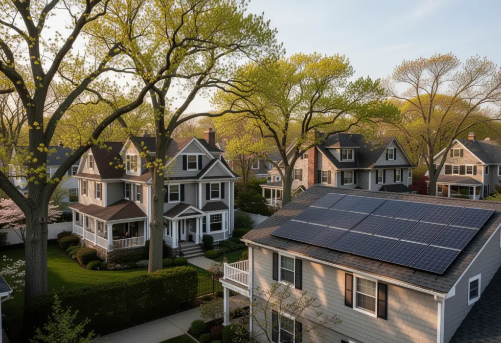 Large older homes with mature trees on the Great Neck peninsula in Nassau County Long Island, solar panels on a rear roof plane