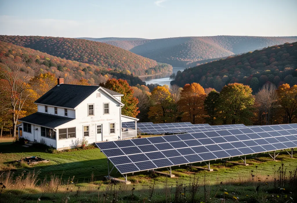 A farmhouse with a ground-mounted solar array on a hillside in the Southern Tier of New York, deep wooded valleys behind