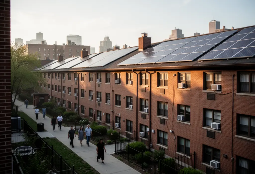 A low rise affordable housing apartment building in New York with solar panels on a flat roof, residents walking on the path below