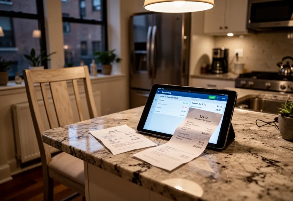 A sales tablet and printed quote on a kitchen counter in a New York home with an empty chair pushed back