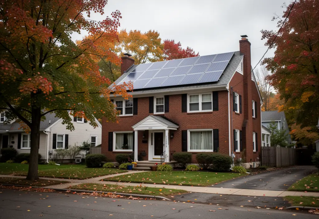 A brick suburban house with rooftop solar panels on a tree-lined street near Rochester New York, autumn foliage