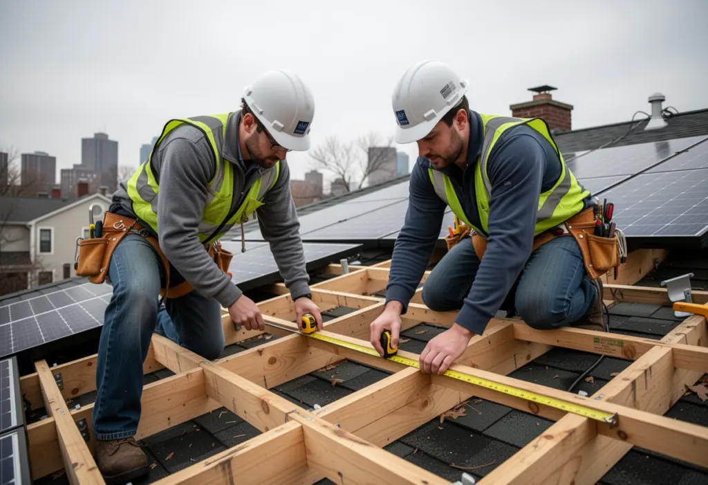 Two solar installers on a residential roof in New York measuring rafter spacing with a tape measure, overcast sky
