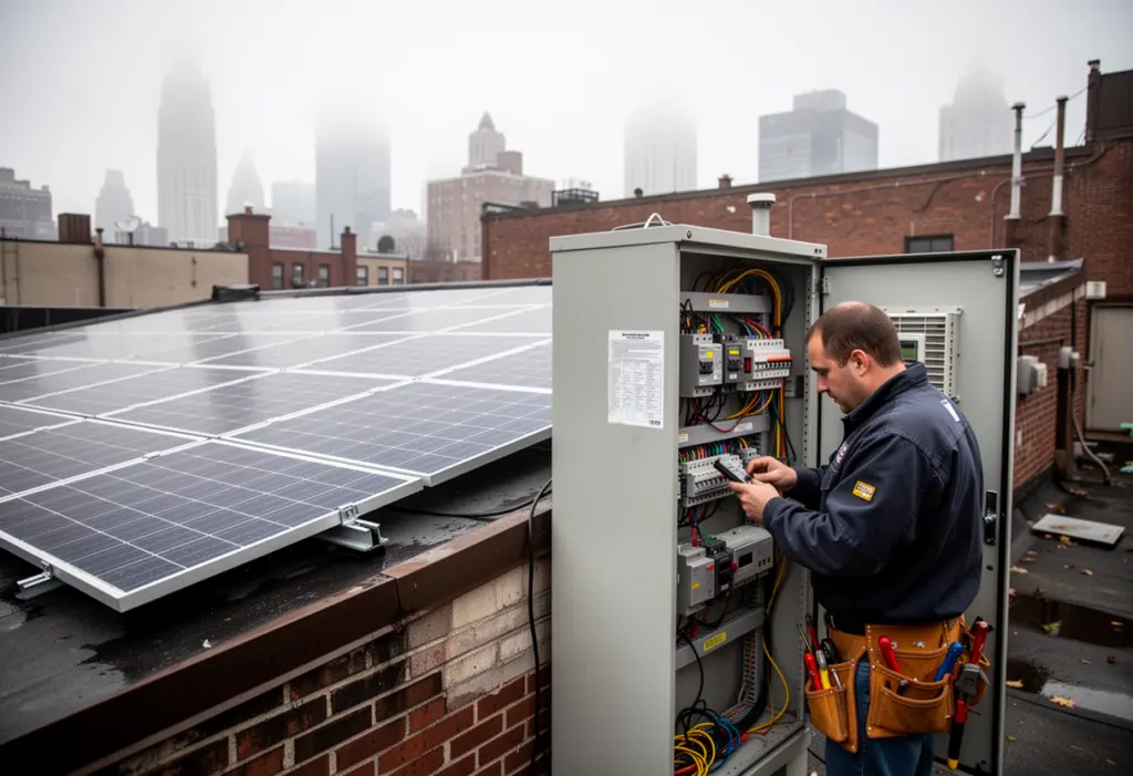An electrician working at a commercial switchgear cabinet beside a flat roof solar array on a small New York industrial building