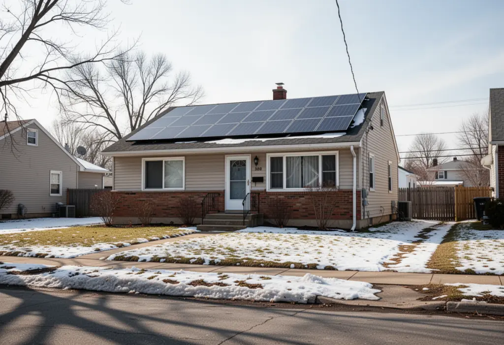 A modest post-war ranch house with rooftop solar panels on a tidy suburban street near Buffalo New York