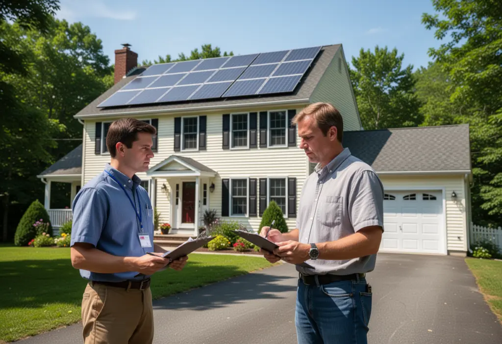 An appraiser with a clipboard standing in the driveway of a colonial style house with rooftop solar panels in Saratoga County New York