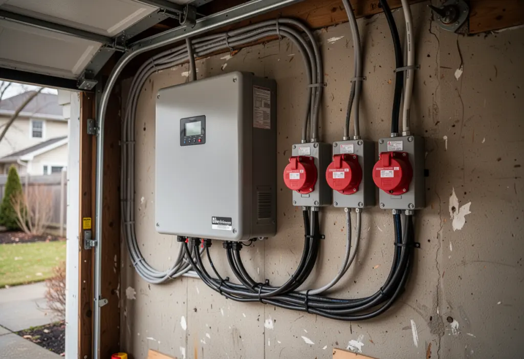 A home battery unit and electrical disconnects on a garage wall in a New York house, cables neatly run