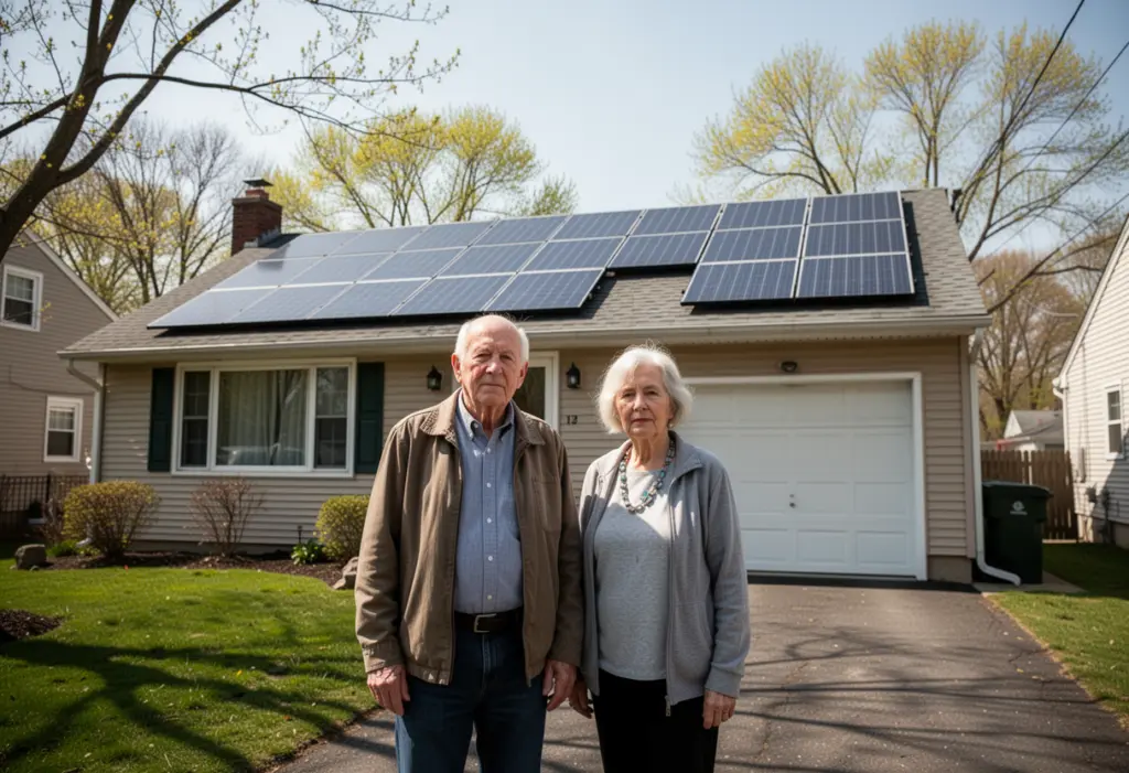 An older couple standing in the driveway of a modest ranch house in suburban New York with rooftop solar panels
