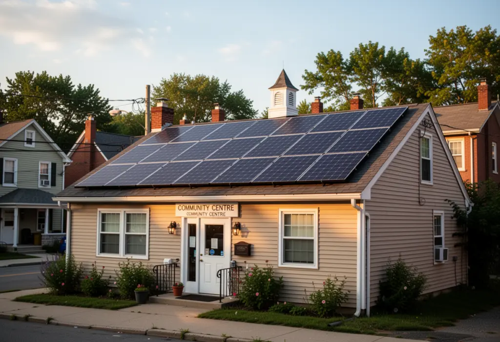A rooftop solar array on a small community centre building in a New York village